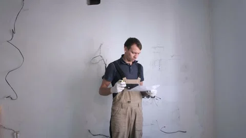 Man builder draws scheme on paper against wall with wires Stock Footage 151784247