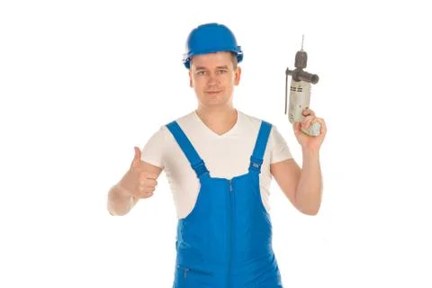Man builder with drill in hand Stock Photos