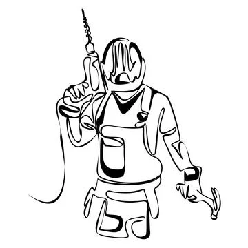 A man builder in a helmet with a drill. Isolated vector object by hand on a w Stock Illustration
