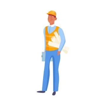 Man builder holding plans and documents in hands vector illustration Stock Illustration