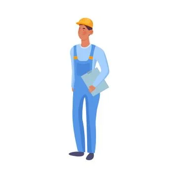 Man builder in jumpsuit holding documents in hands vector illustration Stock Illustration