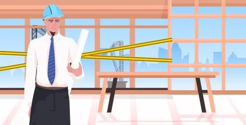 Man builder with project blueprint engineer in helmet working at construction Stock Illustration