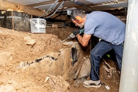 Man builder repairman drill perforator hole in concrete in basement wooden .. Stock Photos
