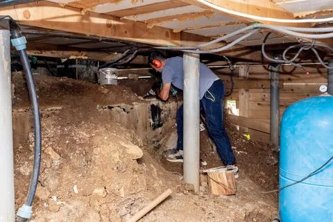 Man builder repairman drill perforator hole in concrete in basement wooden .. Stock Photos