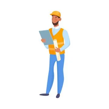 Man builder standing and looking at documents vector illustration Stock Illustration