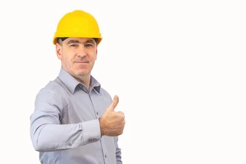 A man builder in a suit  presenting hands Stock Photos