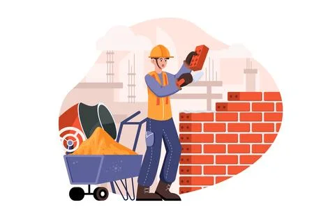 Man builder with trowel laying bricks in the wall Stock Illustration