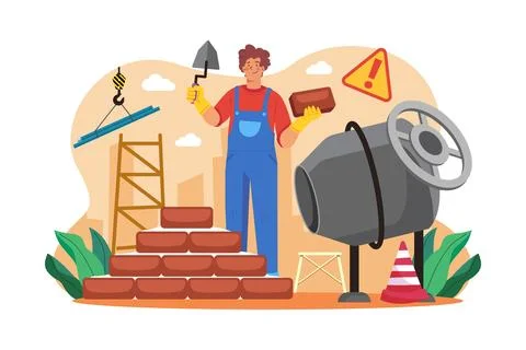 Man builder with trowel laying bricks in wall Stock Illustration