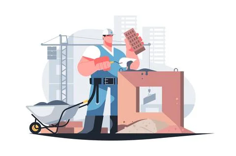 Man builder with trowel laying bricks in wall Stock Illustration
