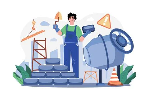 Man Builder With Trowel Laying Bricks In Wall Stock Illustration