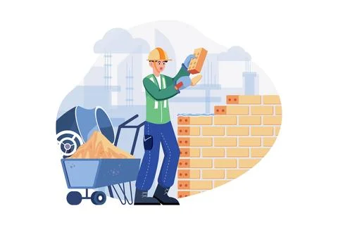 Man Builder With Trowel Laying Bricks In The Wall Stock Illustration