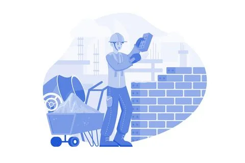 Man Builder With Trowel Laying Bricks In The Wall Stock Illustration