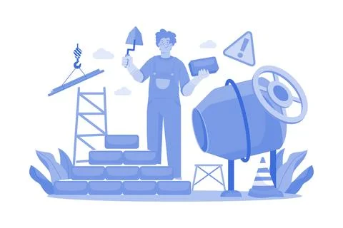 Man Builder With Trowel Laying Bricks In Wall Stock Illustration