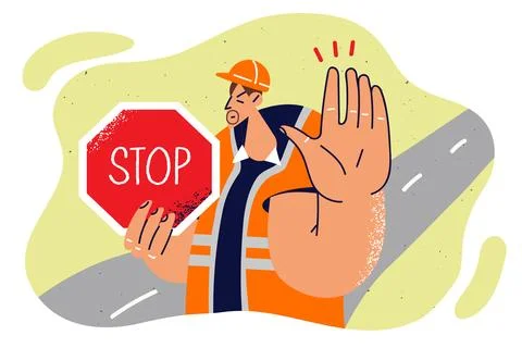 Man in builder uniform shows stop sign and makes caution gesture to warn drivers Stock-Illustration