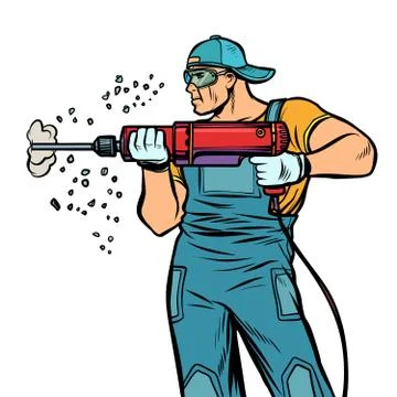 Man Builder worker drills puncher wall Stock Illustration