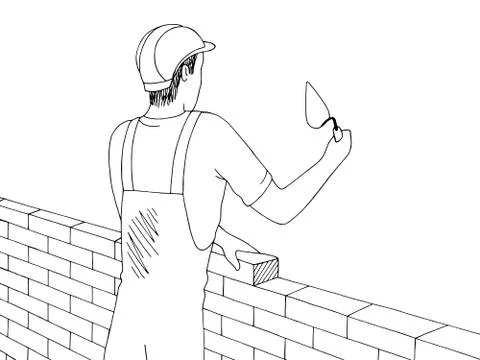 Man building a brick wall graphic black white sketch illustration vector Stock Illustration