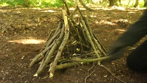 Man Building A Campfire in the Forest. Laying sticks for a Campfire Stock Footage 306516445