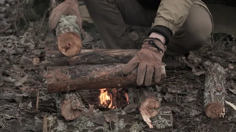 Man building campfire with mossy logs in forest setting 库存影片 334369494
