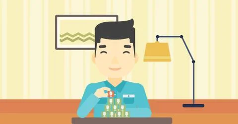 Man building pyramid of network avatars Ilustración de archivo