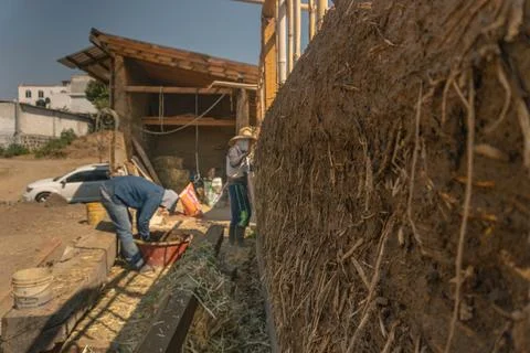 Man building a wall with bioconstruction techniques Stock Photos