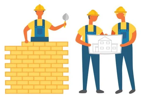 Man Building Wall with Bricks, Engineers with Plan Ilustración de archivo