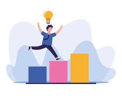 Man with bulb on chart bar graph, colorful design Stock Illustration