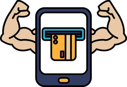 A man with bulging muscles is holding a cell phone that has a credit card on  Stockillustratie