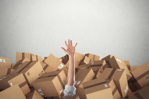 Man buried by a stack  of cardboard boxes. 3D Renderin Stockfoto's