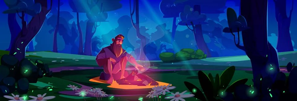 Man burning campfire sitting on log in forest Stock Illustration