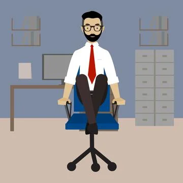 Man in business clothes is doing exercises for back on the office chair. Illustrazione stock