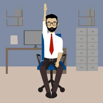 Man in business clothes is doing exercises for back on the office chair. Stock Illustration