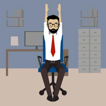 Man in business clothes is doing exercises for back on the office chair. Stock Illustration