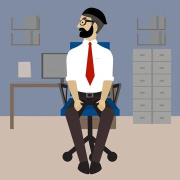 Man in business clothes is doing exercises for back on the office chair. Stock Illustration