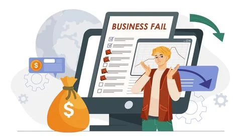 Man with business fail. Young guy near computer with graphs and diagrams Stock-Illustration