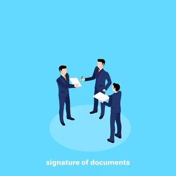 A man in a business suit gives a document for signature, an isometric image Stock Illustration