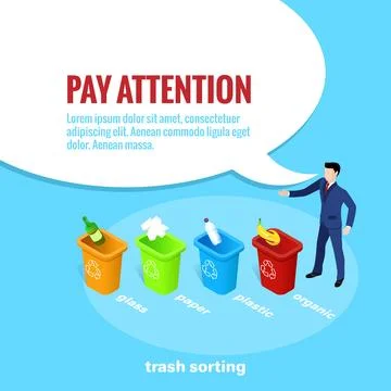 A man in a business suit indicates different trash bins, sorting garbage, iso Stock Illustration