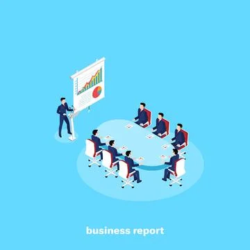 A man in a business suit makes a presentation to his colleagues, an isometric Stock Illustration