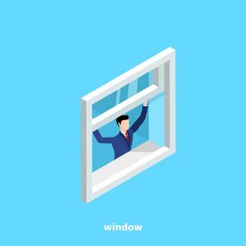 A man in a business suit opens a window on a blue background, an isometric im Stock Illustration