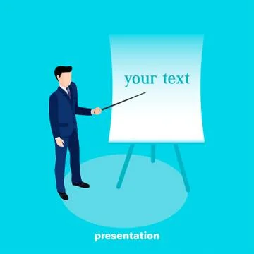 Man in a business suit with a pointer in his hand points to a stand with text Stock Illustration