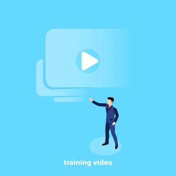 A man in a business suit points to a window with a video recording, an isomet Stock Illustration