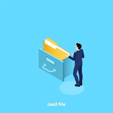 A man in a business suit pulls a folder from the card file, isometric image Stock Illustration