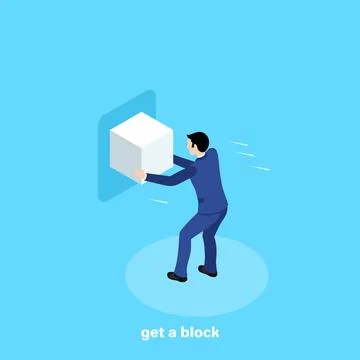 A man in a business suit pulls a square block out of the wall, an isometric i Stock Illustration