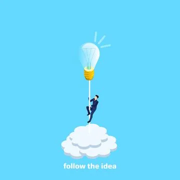 A man in a business suit rises to a light bulb symbolizing the idea, an isome Ilustración de archivo