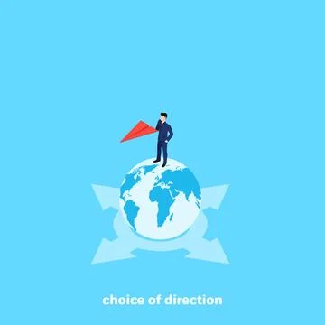 A man in a business suit is standing on a cloud ball and holds a red paper ai Stock Illustration