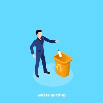 A man in a business suit throws an empty plastic bottle into a garbage can, a イラスト素材