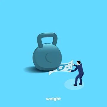 A man in a business suit is trying to pull a bill out of a huge weights, an i Stock Illustration