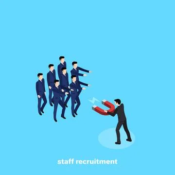A man in a business suit using a magnet attracts staff, an isometric image イラスト素材