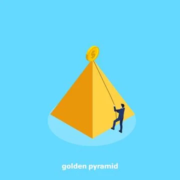 A man in a business suit using a rope tries to climb a golden pyramid, an iso Stock Illustration