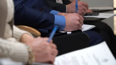 Man in business suit write down information during conference, close-up Stock-Footage 89180268