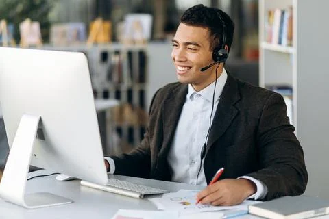 Man business work study student freelancer online video call Stock Photos